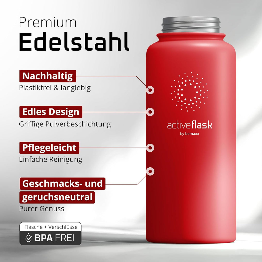 Trinkflasche Edelstahl ACTIVE FLASK + Strohhalm (3 Deckel) BPA-frei, Auslaufsicher, Kohlensäure geei