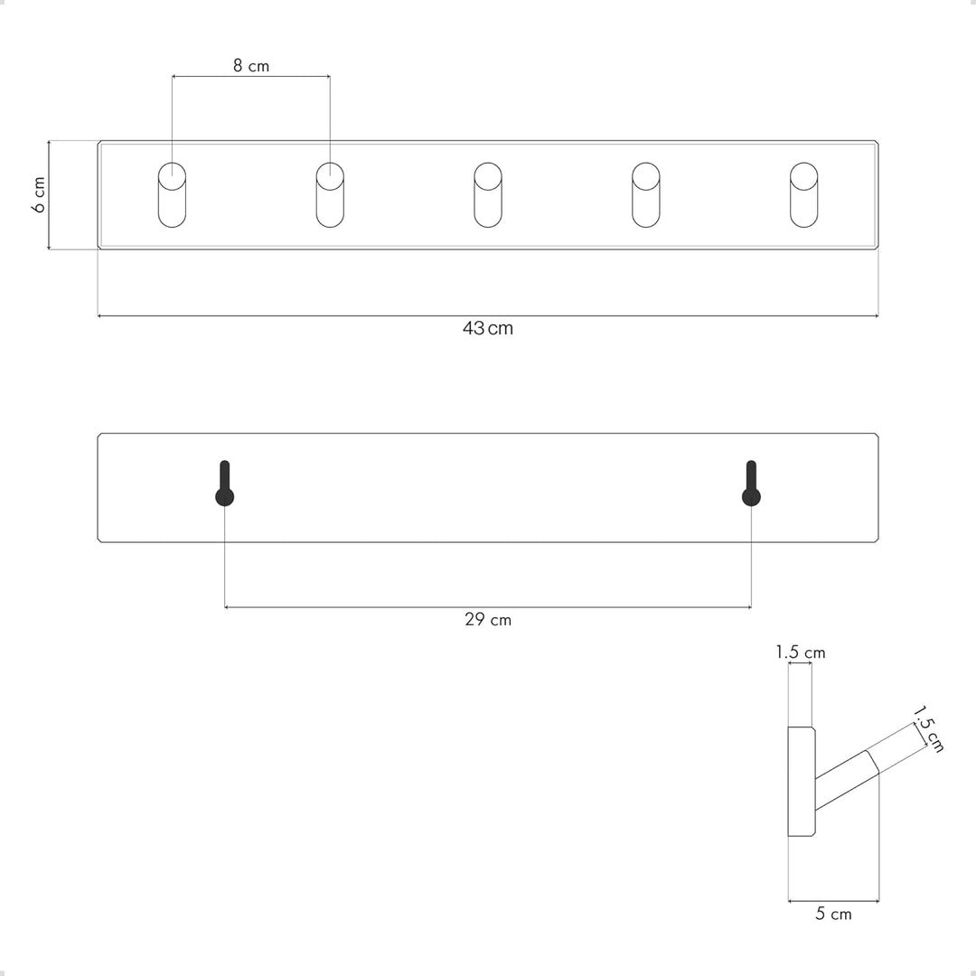 LARHN Garderobenhaken Holz - Garderobenleiste Holz mit 5 Haken - 43 cm - Kleiderhaken Wand - Wandgar