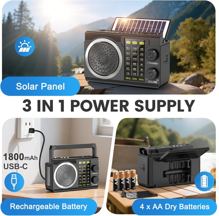 PRUNUS J-135 AM/FM/SW Solar Radio mit 1800mAh Akku oder AA batteriebetrieb, Nostalgie Radio mit Blue