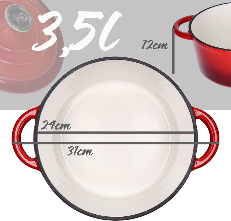 Kochtopf, Kasserole Fleischtopf aus emailliertem Gusseisen mit Deckel 3,5L, Ø24cm Edelstahl-Knauf, f