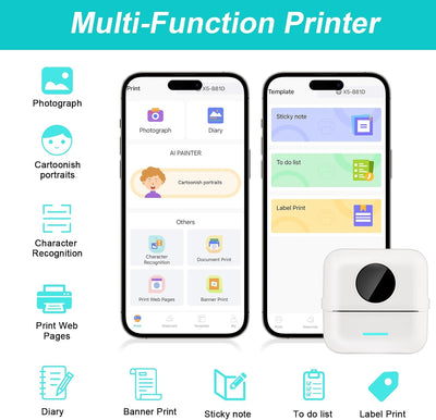 GuKKK Mini Drucker, Mobiler Fotodrucker, Tragbarer, Wireless Thermodrucker, mit 13 Rollen Druckerpap