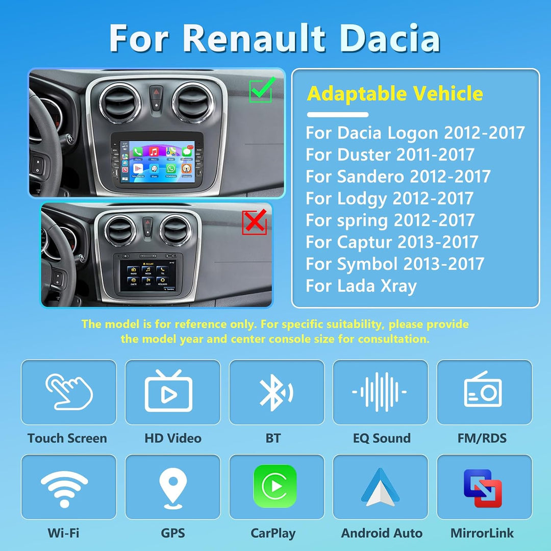 2GB+64GB Carplay Autoradio für Renault Dacia 2012-2017 Radio mit Wireless Android Auto, 7“ Bildschir