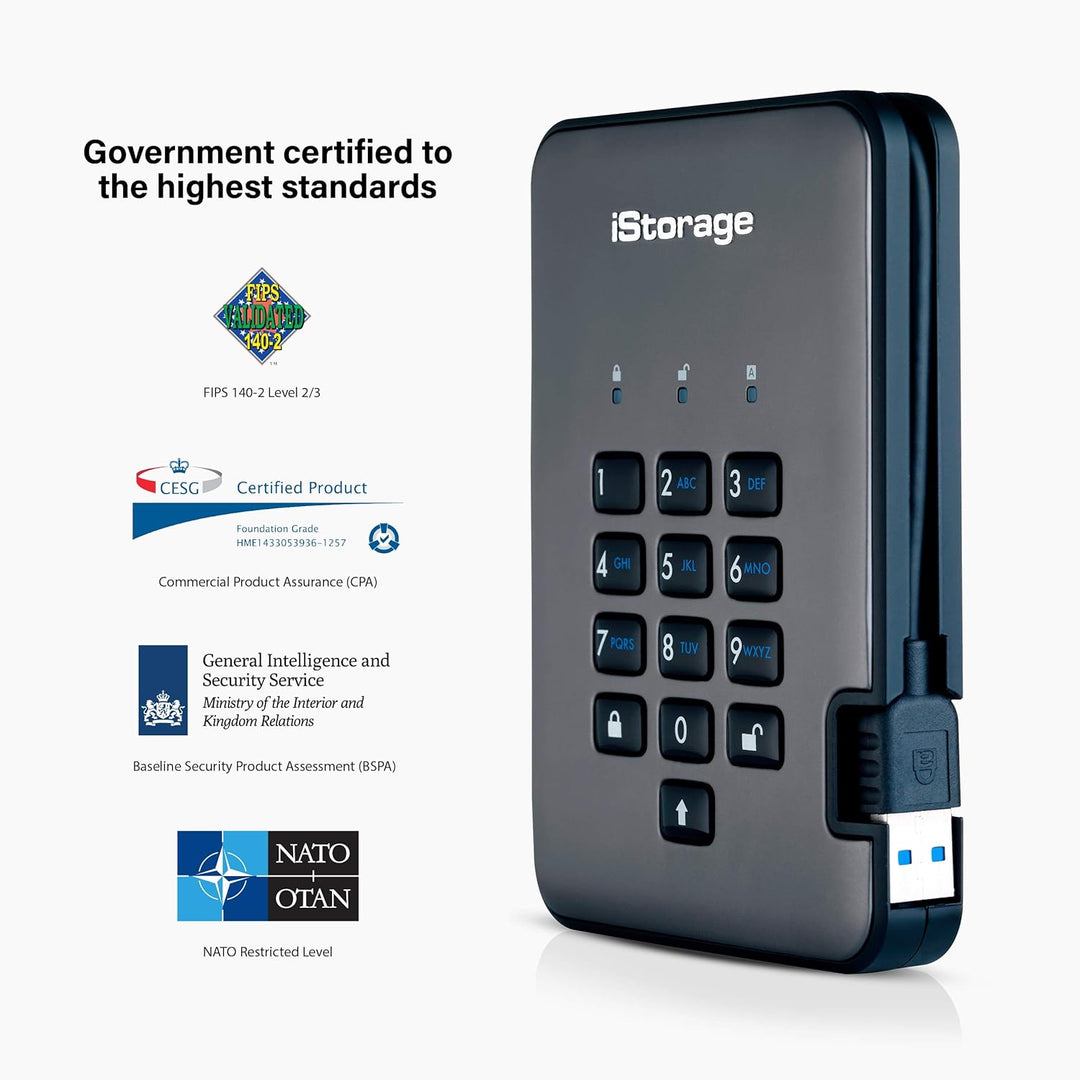 iStorage diskAshur Pro2 3TB Externe Festplatte, Graphit, IS-DAP2-256-3000-C-G HDD 3TB, HDD 3TB