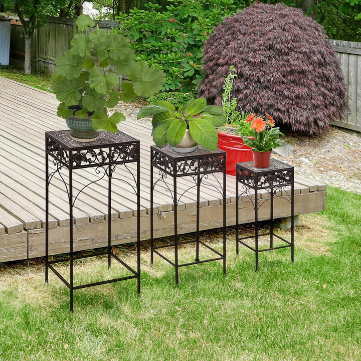 Outsunny – Set von 3 Stück Hocker Ständer für Pflanzen Klassisch aus Eisen, braun