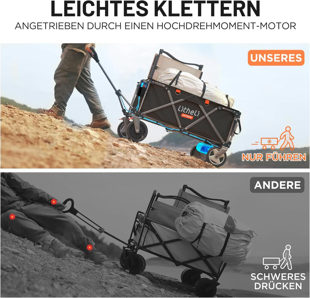 Litheli Elektrokarre Bollerwagen Faltbar, Handwagen Klappbar mit Bremsen 200L 60KG Belastbar, Faltbo