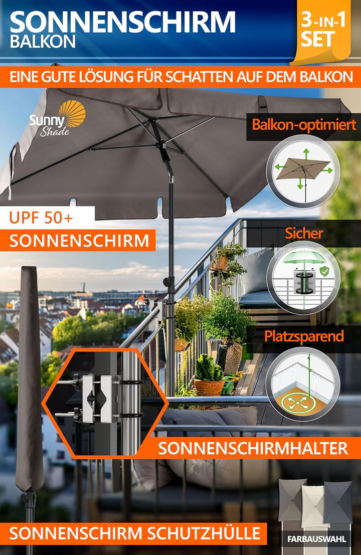 4smile Sonnenschirm Balkon SunnyShade - Sonnenschutz Balkon 3-in-1 SET, Sonnenschirm rechteckig 200
