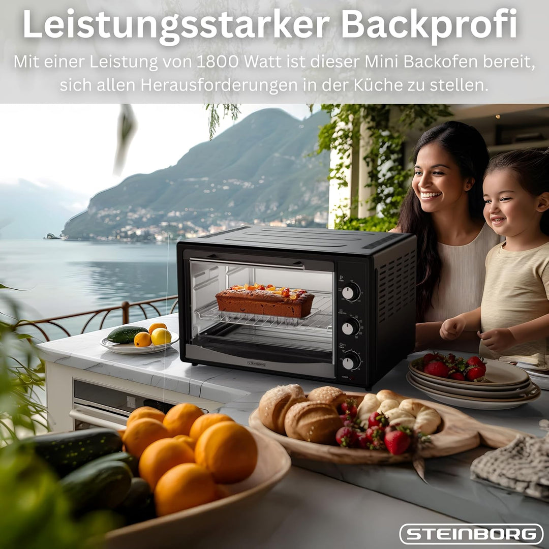 Steinborg® Mini Backofen 45 Liter mit Umluft & Drehspiess Elektrischer Minibackofen – Umluftofen mit