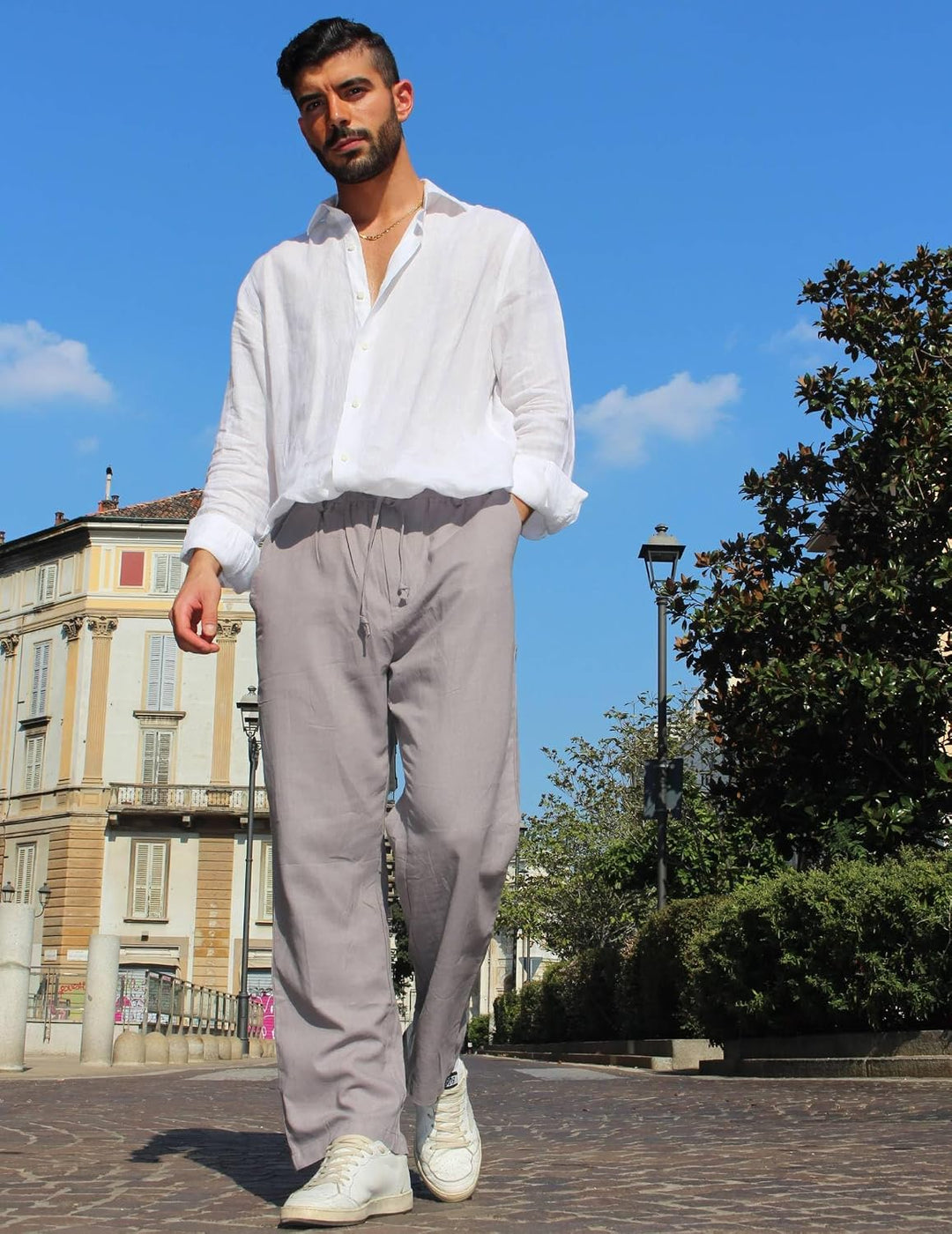 COOFANDY Herren Leinenhose mit Kordelzug Leicht Sommerhose Freizeithose Strandhose mit Tasche Grau M