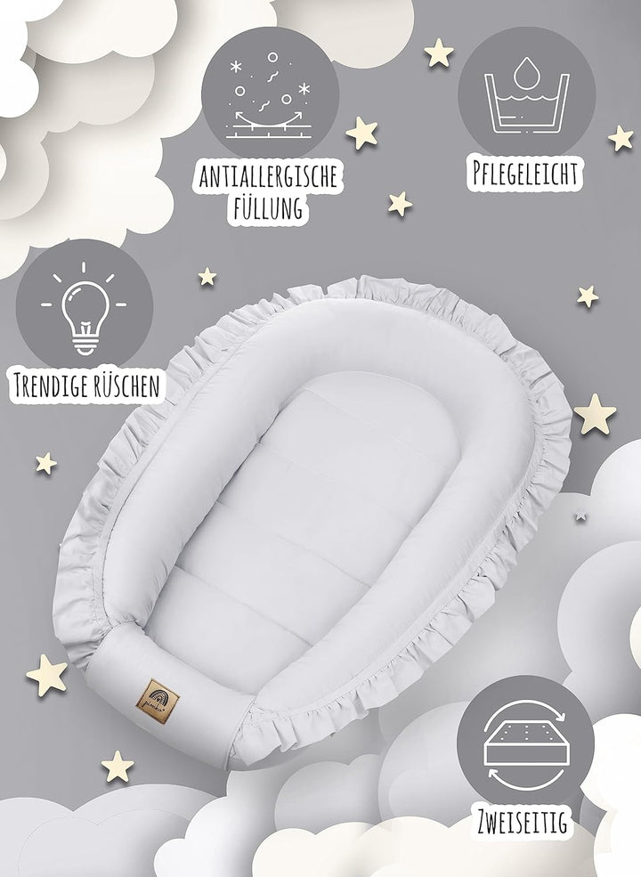 PIMKO Babynest mit rüschen Babynestchen für Baby Kuschelnest Babykokon für Säuglinge und Neugeborene