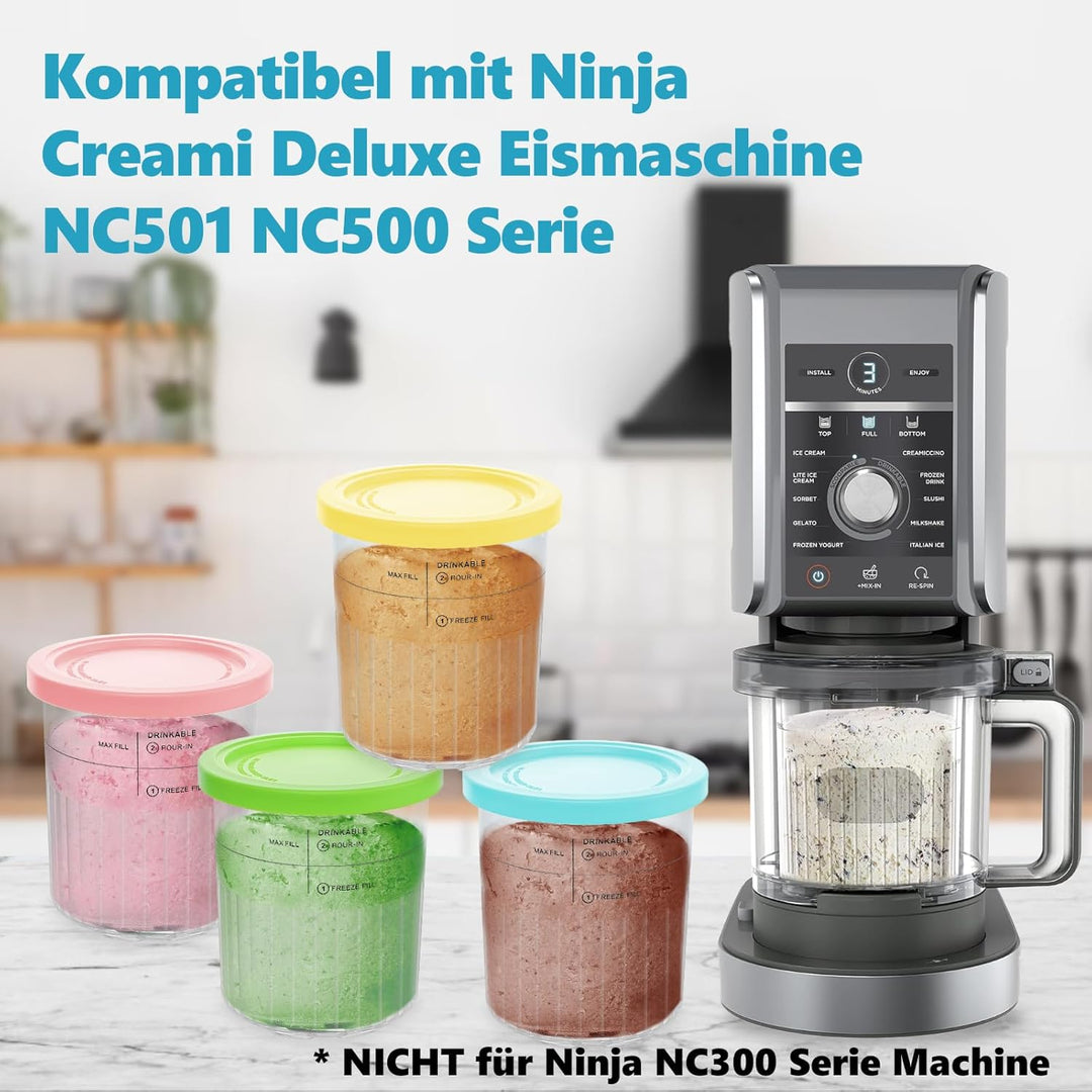 Nepfaivy Behälter für Ninja Creami Deluxe - 4er-Set Eiscremebecher und Deckel Kompatibel mit Ninja C