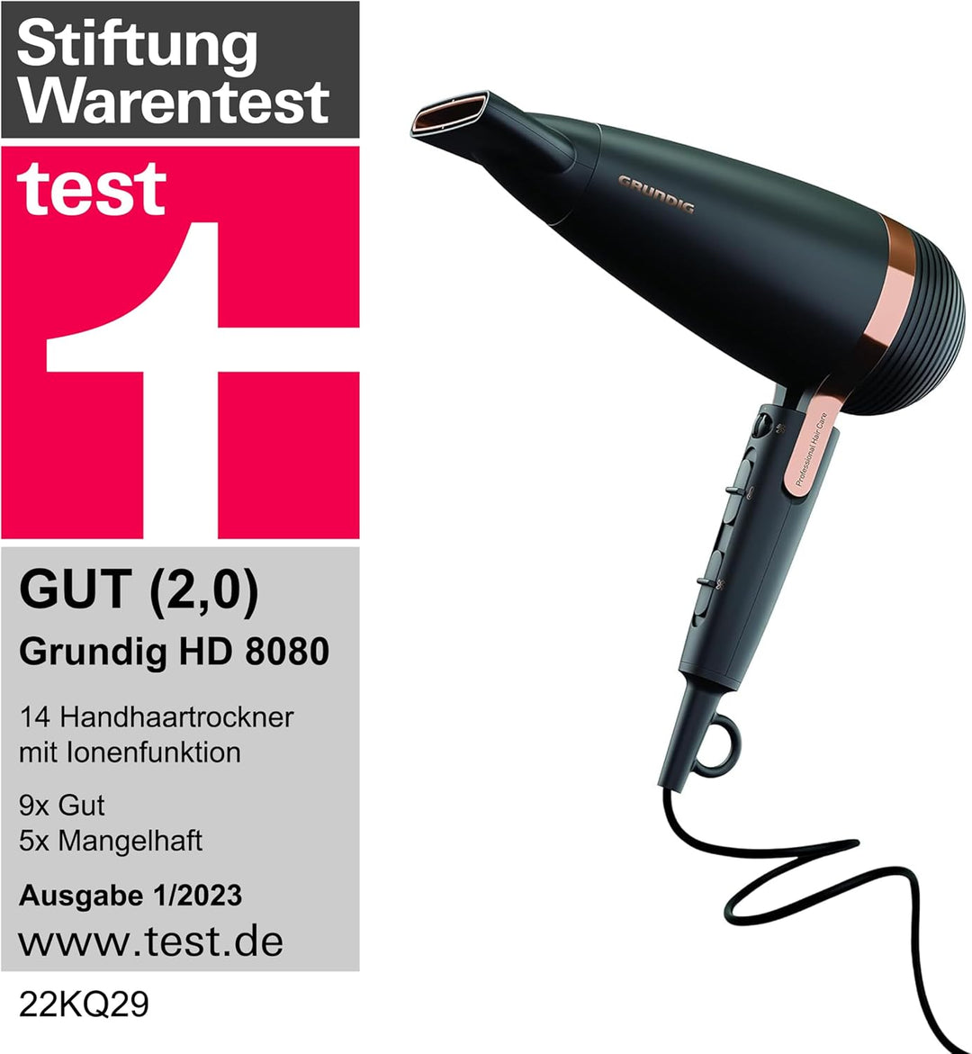 GRUNDIG Naturashine HD 8080 Haartrockner mit Ionic- Funktion, 2 Stylingdüsen, 2300 Watt, 3 Temperatu