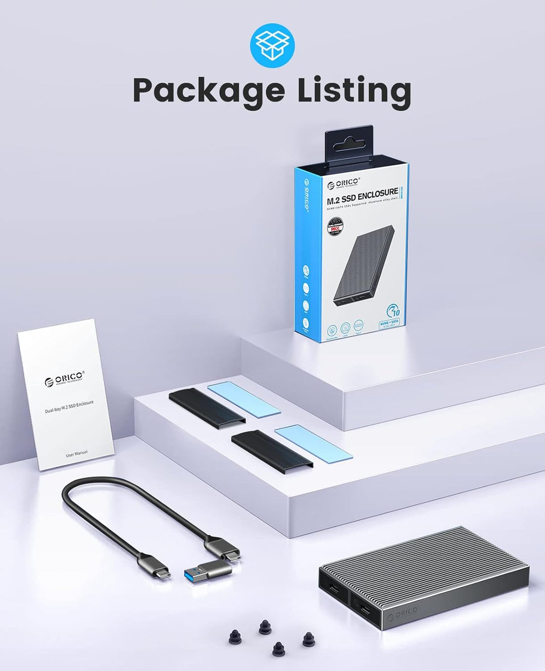 ORICO Dual-bay M.2 NVMe SSD Gehäuse, USB C auf M2 Adapter für M Key PCIe 2230/224/2260/2280 M.2 SSDs