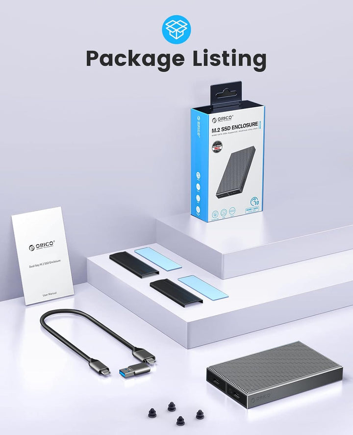 ORICO Dual-bay M.2 NVMe SSD Gehäuse, USB C auf M2 Adapter für M Key PCIe 2230/224/2260/2280 M.2 SSDs