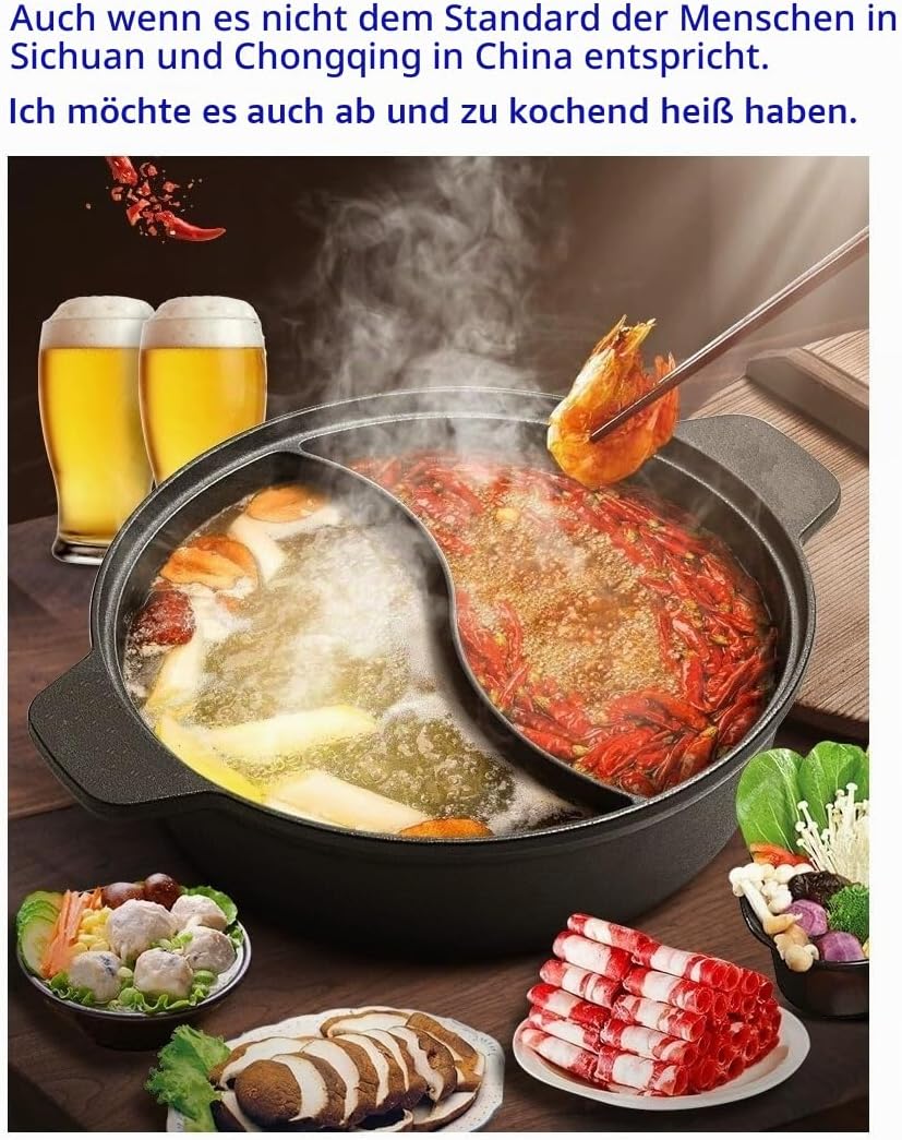 Cast iron hot pot with Divider,Dual-Sided 12.5 Inch Shabu Shabu Pot, Gas Stove, Black