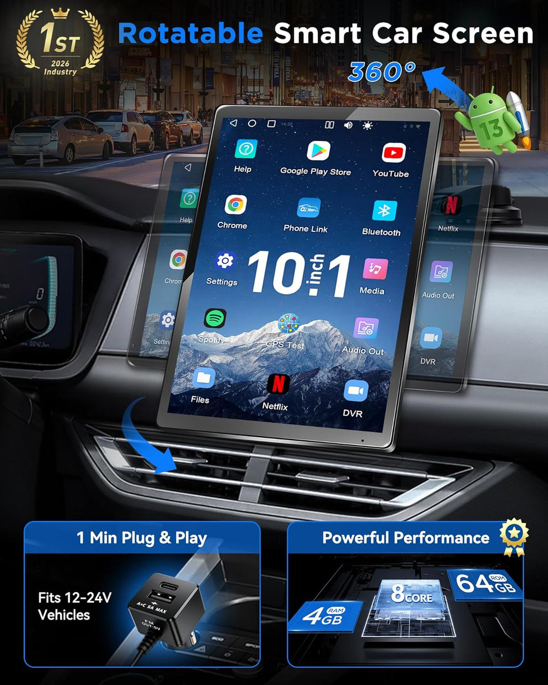 URVOLAX 10,1" Drehbares Apple CarPlay: Android 13 Wireless Android Auto Display mit Google Play - Ma