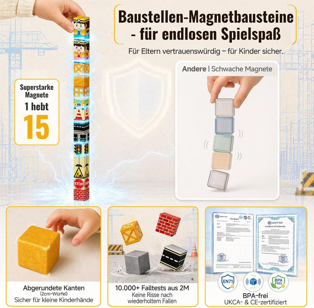 Magnetische Bausteine Reiseset Baustelle: 100 Teile für Jungen | Baustellen-Magnetwürfel mit Metalld