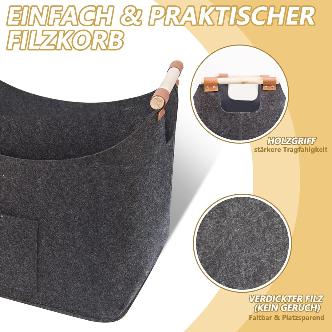 FINEW Holzkorb für Kaminholz 96L, Kaminholzkorb mit Handschuhen 60 x 40 x 40CM, Grosse Filzkorb Feue