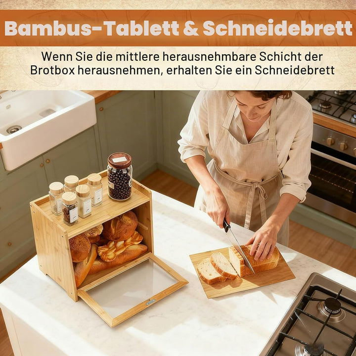 2 Etagen Bambus Brotkasten, Gross, Brotbox, Doppelstöckig Mit Sichtfenster, Belüftung, Seitlichen Gr