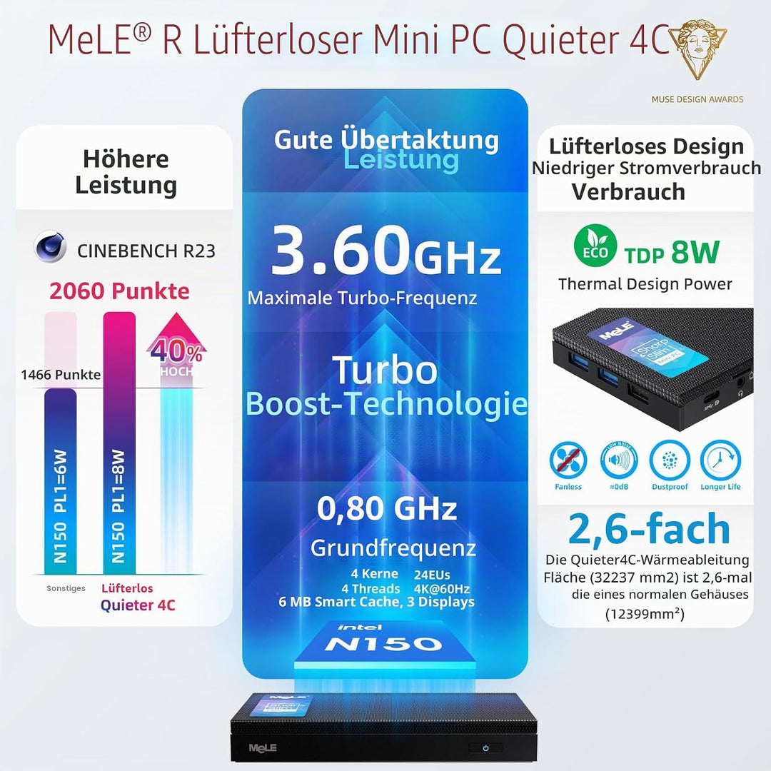 MeLE Mini PC Lüfterloser Quieter4C N150(4C/4T, bis zu 3.6Ghz) USB-C Display 16GB RAM 512GB Speicher
