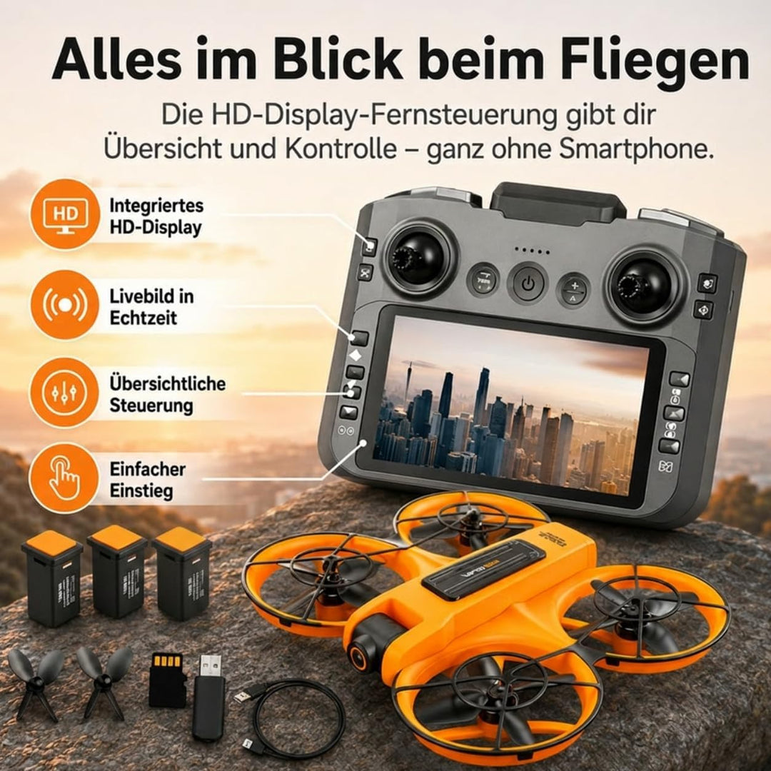 Drohne mit Kamera & Display Fernbedienung, Brushless Motor, Dual Kamera 90° verstellbar, FPV Live-Üb