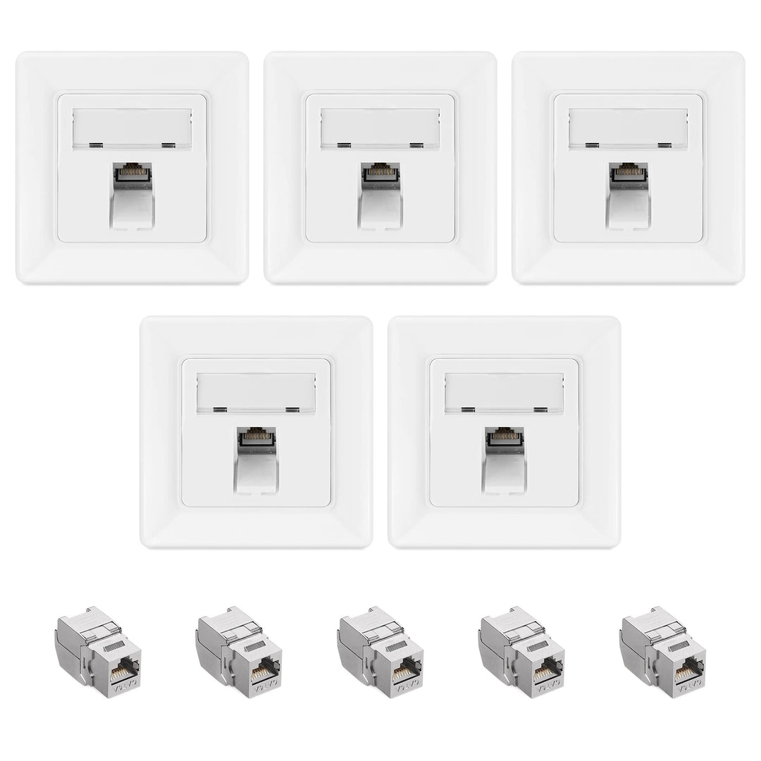 kwmobile Keystone Dose Modul Set - 5X Keystone Modul 5X Netzwerkdose 1-Port CAT 6A Kabel - 10Gibt/s