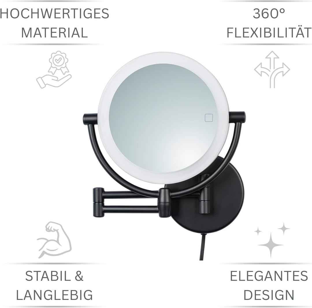 LED Kosmetikspiegel Modena schwarz – 360° Wand-Schminkspiegel mit Dimmer, Tageslicht-LEDs &amp; 5x/10x V