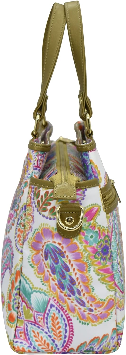 Anuschka Satchel mit Fächern - Wanderlust Kollektion - Nylonstoff mit Leader Trim und Kunstdruck Boh