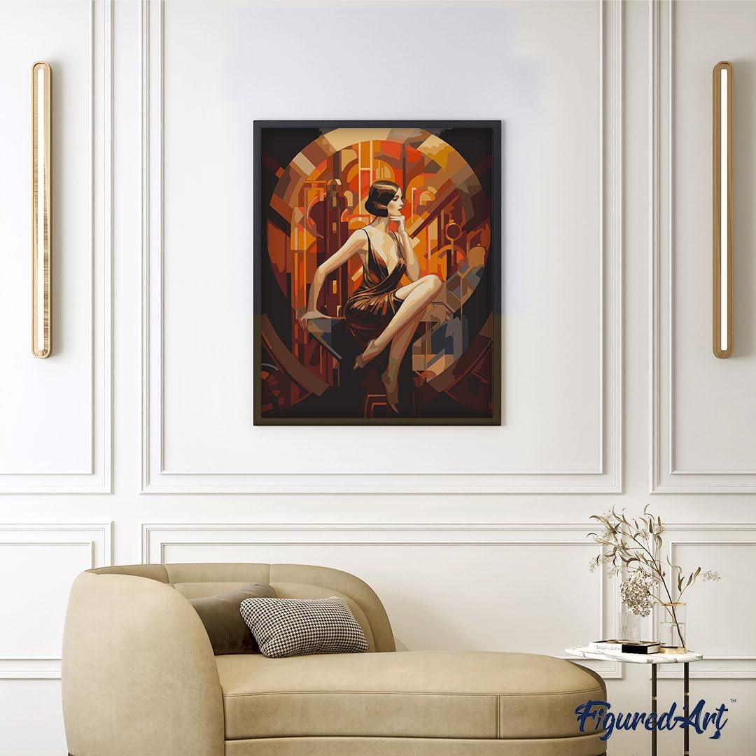 Figured'Art Malen Nach Zahlen Erwachsene Mit Rahmen Sitzende Art-Deco-Frau - Paint by Numbers Bastel