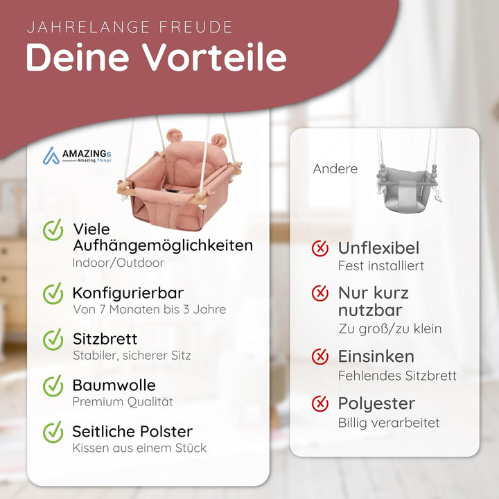AMAZINGs Baby und Kinderschaukel | Mitwachsende Babyschaukel. Komplettset mit Aufhängung für Indoor
