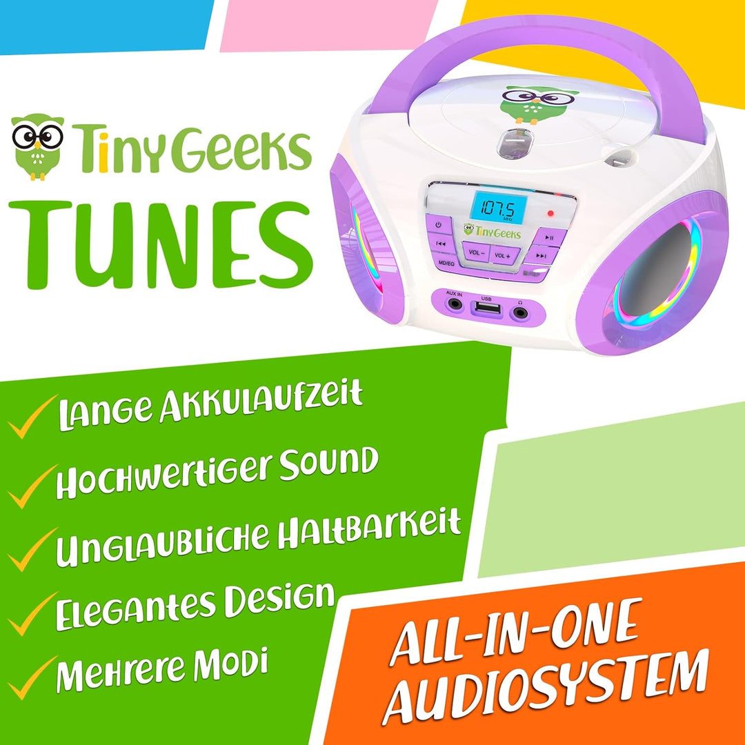 TinyGeeks Tunes Kids Boombox CD-Player für Kinder NEU + UKW-Radio + Inklusive Batterien + Lila Radio