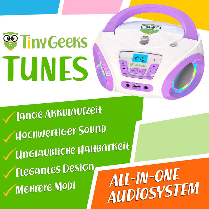 TinyGeeks Tunes Kids Boombox CD-Player für Kinder NEU + UKW-Radio + Inklusive Batterien + Lila Radio