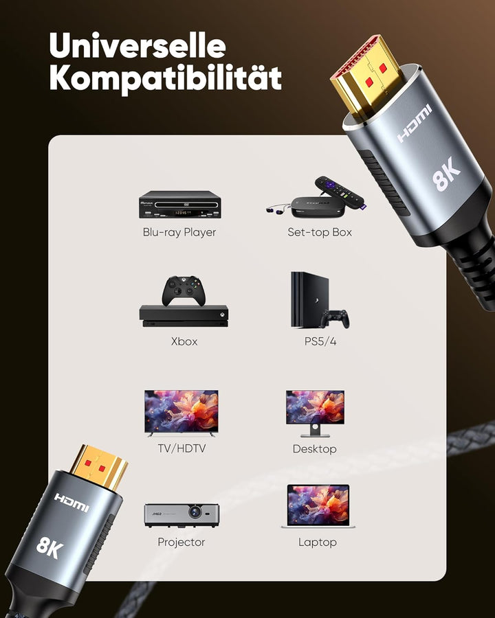 SNOWKIDS HDMI 2.1 Kabel 8K 2Meter (2 Stück), 2.1 48Gbps Highspeed 8K@60Hz HDMI Kabel 4K@120Hz 7680P,