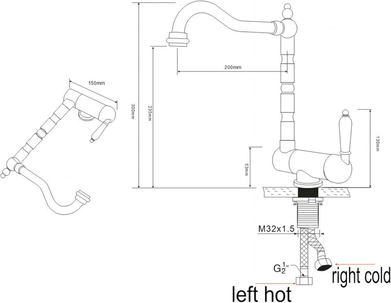 SJQKA Wasserhahn Küche Schwarz, Vorfenster Küchenarmatur Klappbar 180°,Messing Einhebel Mischbatteri