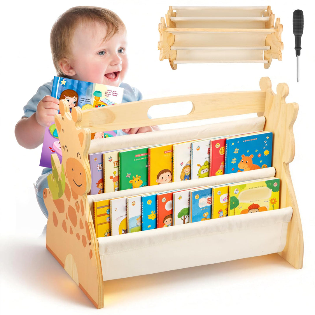 Bücherregal Kinder Holz Doppelseitig 4-spaltige 43x34x28,3cm Kinderbücherregal Klein mit Griff Monte