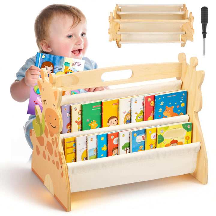 Bücherregal Kinder Holz Doppelseitig 4-spaltige 43x34x28,3cm Kinderbücherregal Klein mit Griff Monte