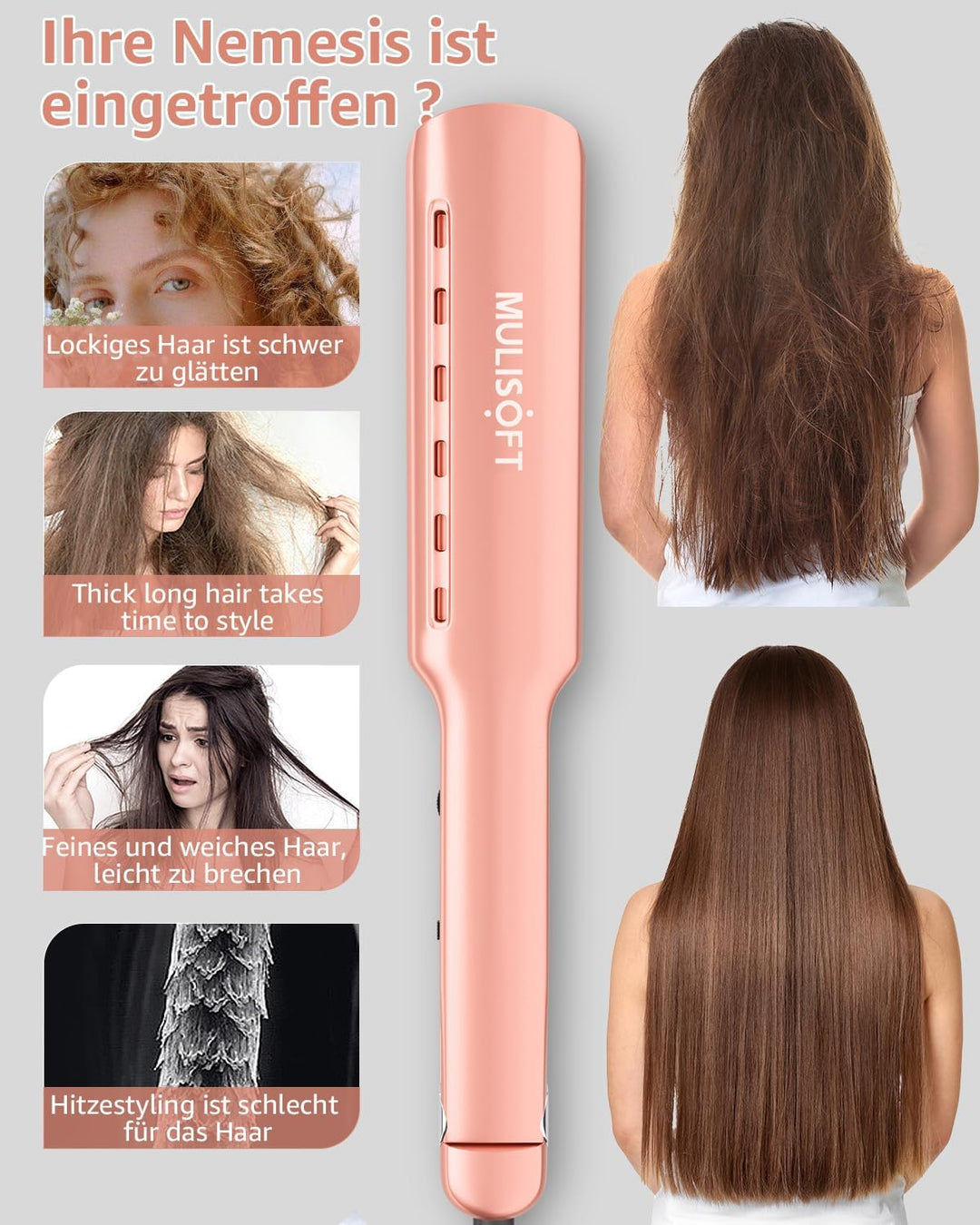 Professioneller Haarglätter mit extra breiten Platten, ideal für langes, dickes oder lockiges Haar,