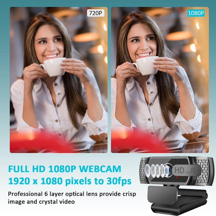 HD Webcam 1080P USB mit Mikrofon, Autofokus, Sichtschutzabdeckung, 90° Weitwinkel, Plug & Play, für
