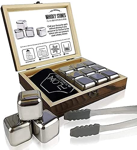 FLOW Barware Whisky-Steine, Geschenk-Set mit Eiszange und Aufbewahrungstasche, Wiederverwendbare Eis
