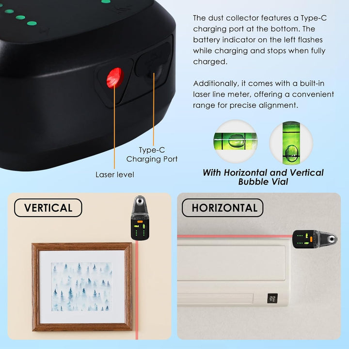 Laser Nivellierwerkzeug, 4 in 1 Wandwaage mit Linienlaser/Bohrstaubsammler/Elektronischer Vakuum-Sau