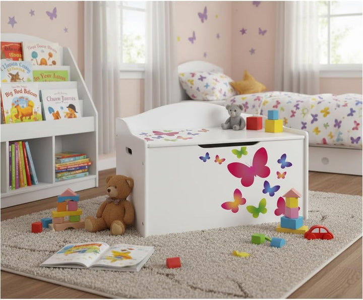 Leomark Kinderbank Hölzerne - Schmetterlinge XL - Kindertruhenbank, Behälter für Spielzeug, Truhe fü