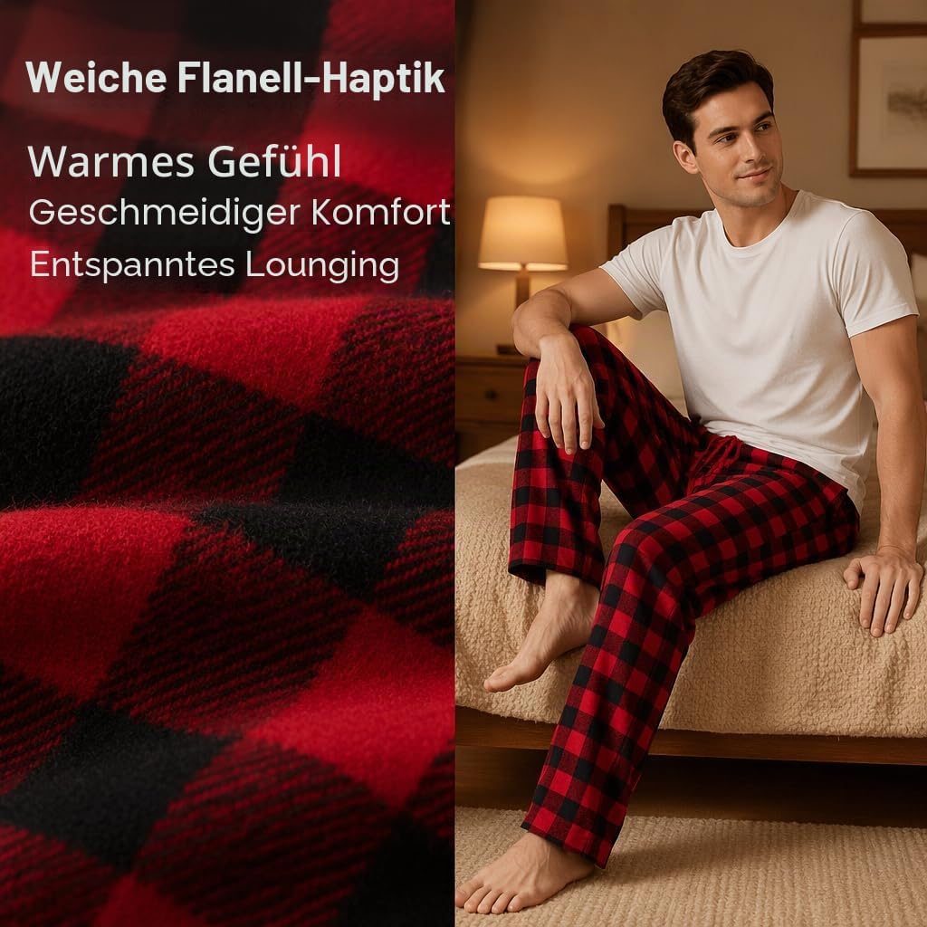 Herren 100% Baumwolle Flanell Bequeme Pyjama/Lounge Bottoms mit Taschen S Black Red Check, S Black R
