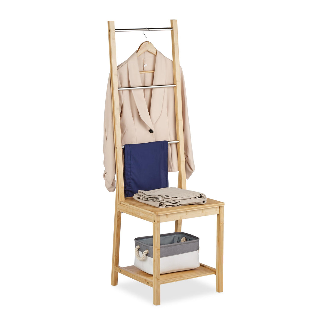 Relaxdays Herrendiener mit Ablage, Bambus, Edelstahl, HBT: 133 x 40 x 42 cm, Kleiderstuhl, Handtuchs