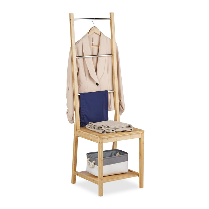 Relaxdays Herrendiener mit Ablage, Bambus, Edelstahl, HBT: 133 x 40 x 42 cm, Kleiderstuhl, Handtuchs