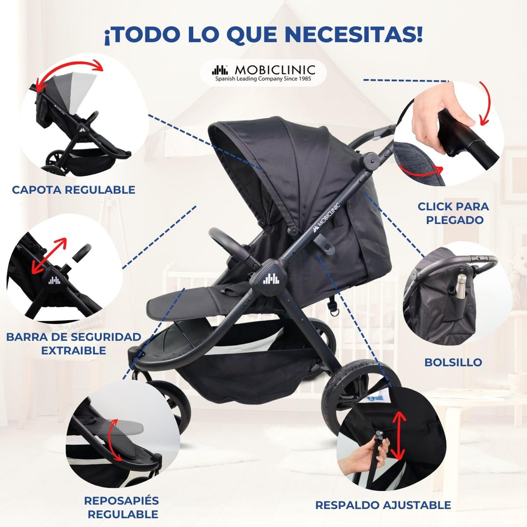 Mobiclinic® kids, 3-rad-kinderwagen, Agnes, Geländereifen, Einhandlenker, 5-punkt-gurtsystem, Rücken
