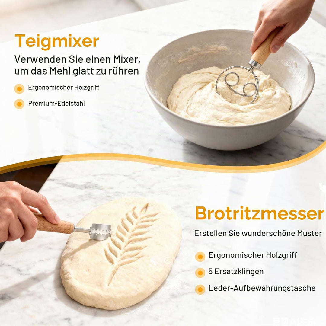 Gärkorb Brot Set, Komplettset Brot Backen Zubehör inkl. Brotgärkorb (23cm rund &amp; 25cm oval), Teigsch