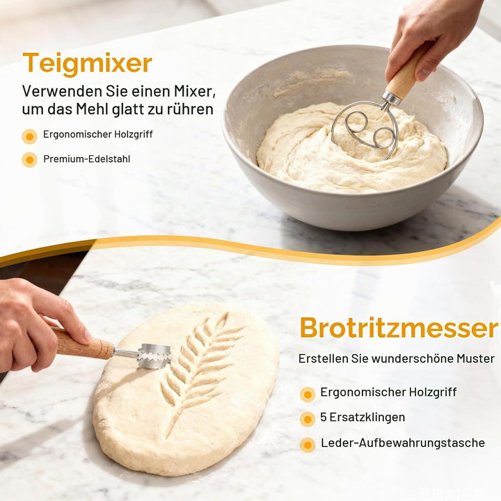 Gärkorb Brot Set, Komplettset Brot Backen Zubehör inkl. Brotgärkorb (23cm rund &amp; 25cm oval), Teigsch