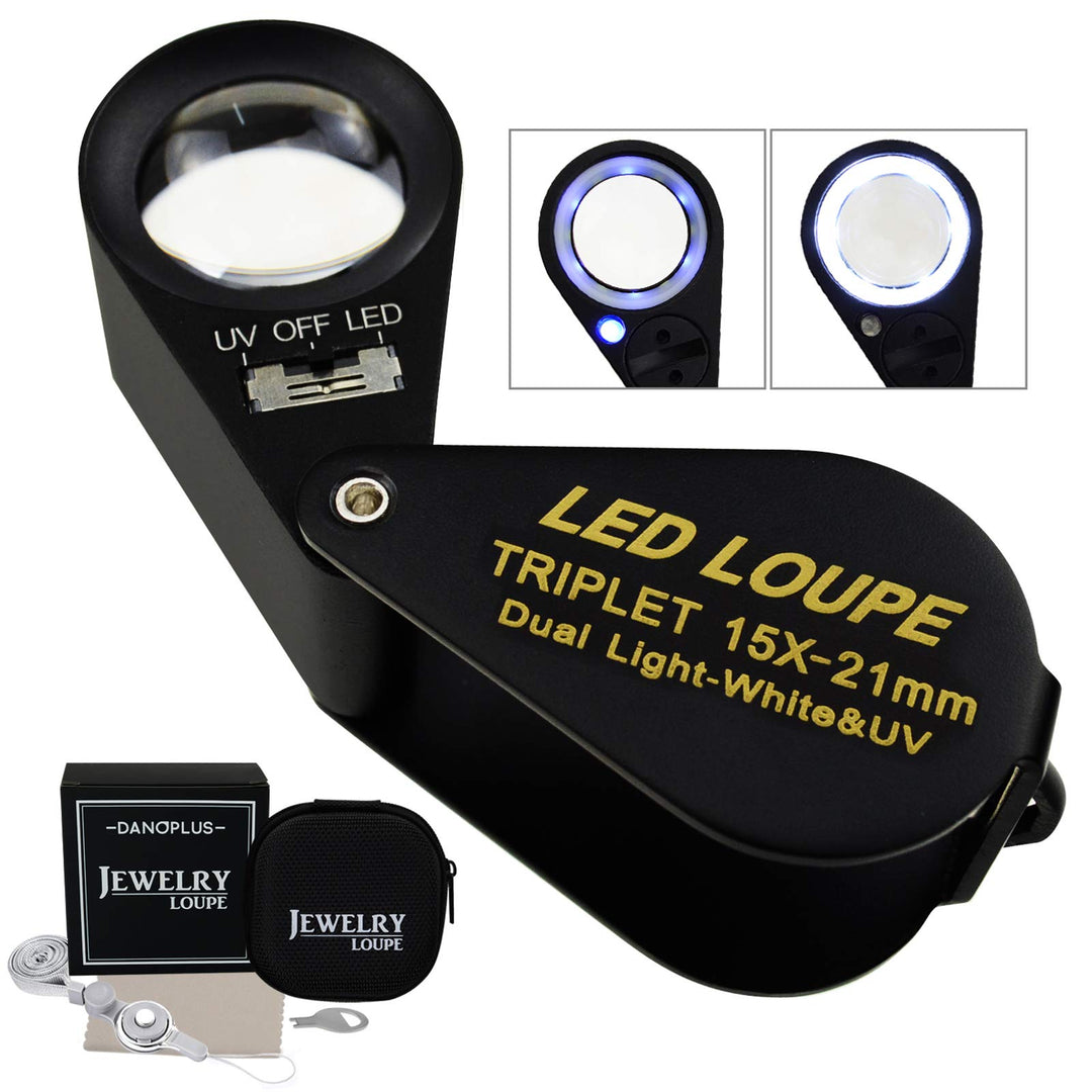15x Vergrösserungsglas Schmuck Lupe LED UV Licht 21mm Achromatisch Triplett Linse Optisch Glas Tasch