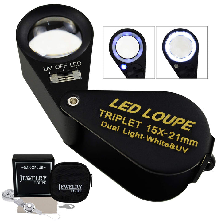 15x Vergrösserungsglas Schmuck Lupe LED UV Licht 21mm Achromatisch Triplett Linse Optisch Glas Tasch
