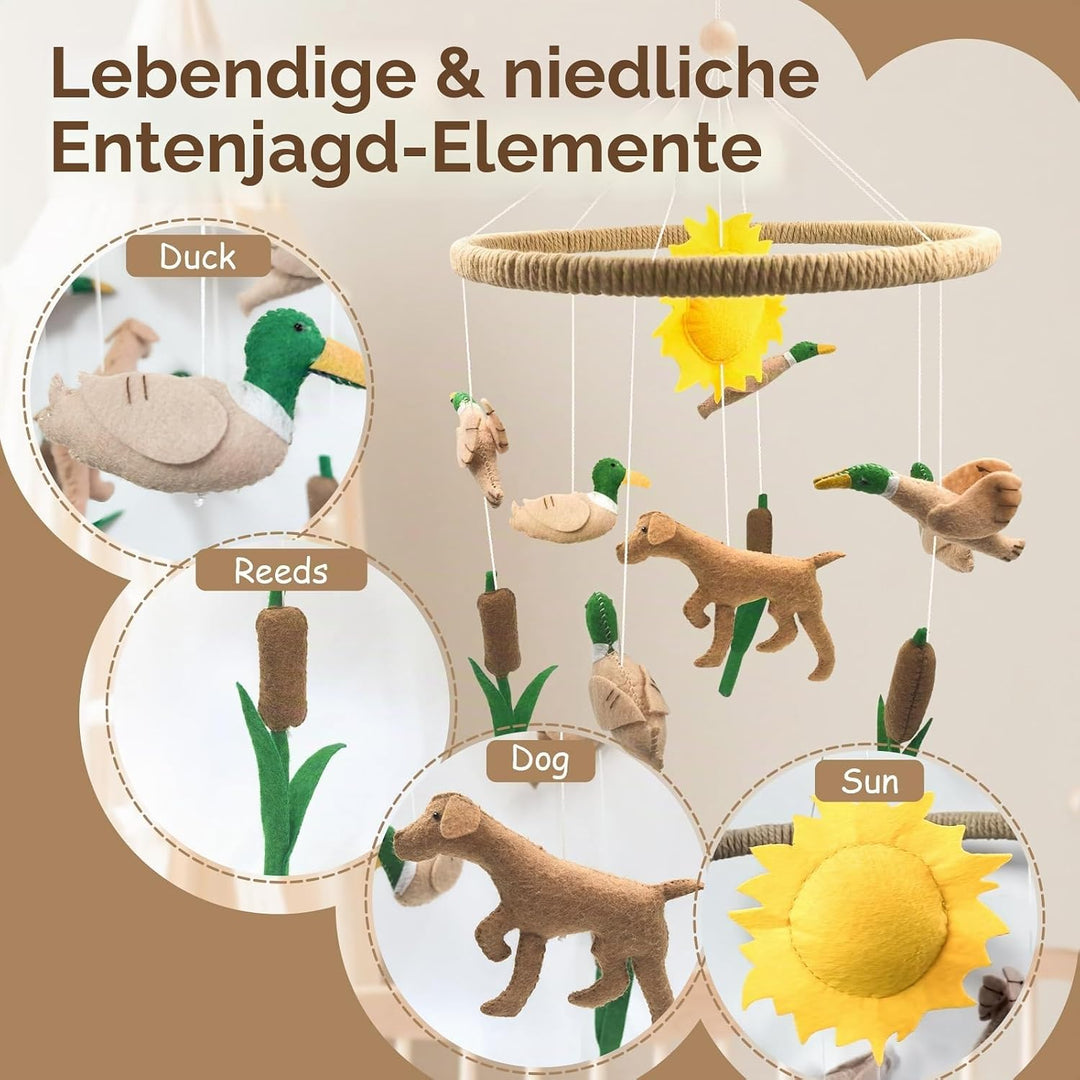 Mobile Baby, 3D Dackel Hund Mobile Babybett Holz mit Filz Schilf Ente und Sonne Handgemachtes Bettgl