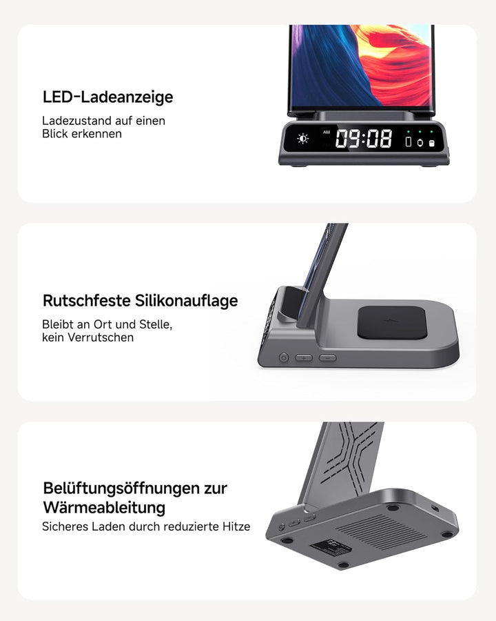 Induktive Ladestation für Samsung, 2025 Upgrade Kabelloses Ladegerät 3 in 1 für Galaxy Watch 8/Ultra